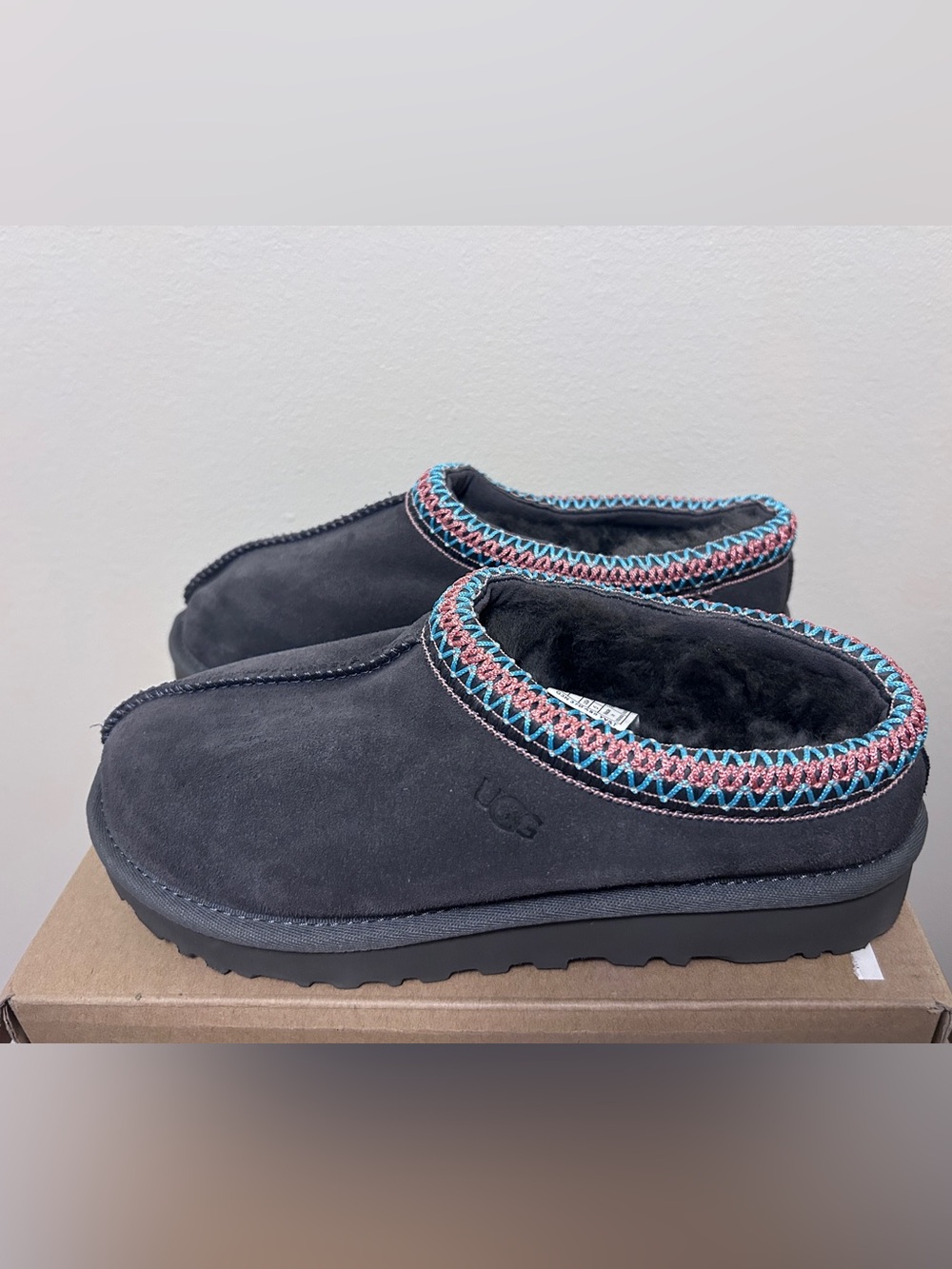 UGG Black Suede Slip-On Slippers with Pink & Teal Trim